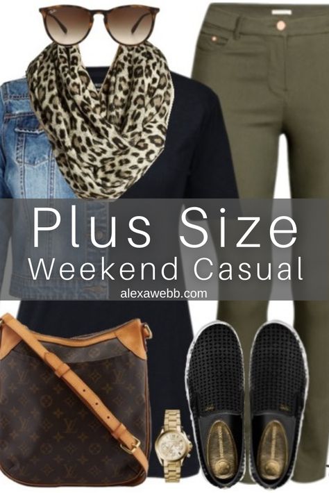 Plus Size Casual Outfit Idea - Khaki Skinnies, Leopard Scarf, Denim Jacket, LV Crossbody Purse and Slip-On Sneakers - Alexa Webb Women’s Plus Size Casual Outfits, Plus Size Fall Casual Outfits 2022, Jean Jacket Outfits Plus Size Casual, Leopard Slip On Shoes Outfit, Womens Plus Size Casual Outfits, Winter Layering Outfits Plus Size, Women’s Fall Outfit Ideas, Size 1x Outfits, Plus Casual Outfits Plus Size