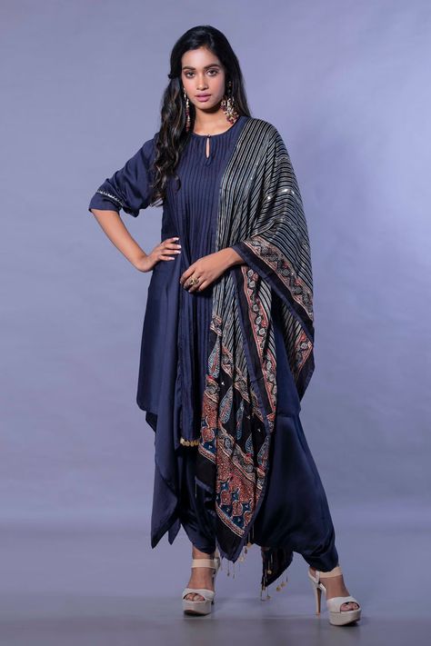 Buy Prahnaaya Blue Satin Kurta Set With Ajrakh Dupatta Online | Aza Fashions Drape Dupatta, Ajrakh Dupatta, Satin Kurta, Navy Blue Kurta, Kurta Skirt, Skirt Satin, Blue Kurta, Skirt Silk, Unique Outfit