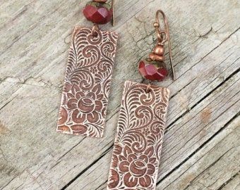 Boho Jewelry Bohemian Earrings Copper Jewelry by RusticaJewelry Paisley Jewelry, Boho Silver Earrings, Patina Jewelry, Earthy Earrings, Opal Drop Earrings, Rustic Earrings, Etched Copper, Agate Earrings, Rustic Jewelry