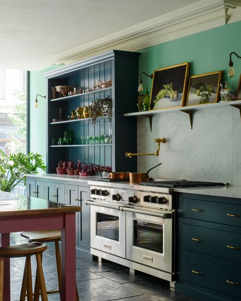 Kitchen • Instagram Victorian Kitchens, Painting Shelves, Devol Kitchens, Luxury Appliances, English Kitchens, House Luxury, Kitchen Stove, Blue Kitchens, Luxury Kitchen