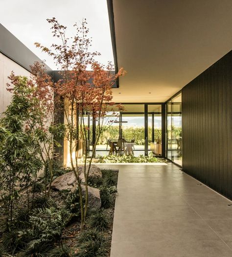 LL House offers a protective shell for a courtyard | OPUMO Magazine Houses With Interior Courtyards, Courtyard Entrance, Entry Courtyard, Intimate Lighting, Long House, Courtyard Design, Internal Courtyard, American Houses, Inner Courtyard