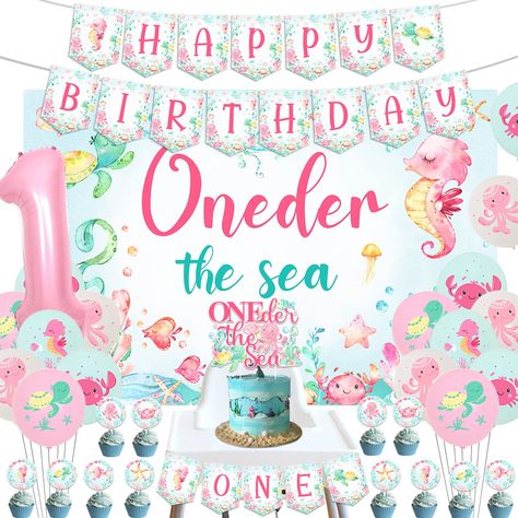 PRICES MAY VARY. Package Content: The package includes 1pc happy birthday banner, 12pcs double-sided cupcake toppers, 1pc oneder the sea cake topper, 1pc one high chair banner, 16pcs ocean animal printed balloons, 1pc number 1 foil balloon 32 inches, 1pc oneder the sea backdrop 5*3.3 ft, and 2pcs ribbons. Under the Sea First Birthday Decorations: The under the sea 1st birthday decorations set can totally meet your decorative needs for your baby girls’ 1st birthday party. All the products are des Baby Pool Party 1st Birthdays, Twonado Birthday Party Girl, One Der The Sea First Birthday, Ocean Animal Birthday Party, Oneder The Sea 1st Birthday, Oneder The Sea Birthday, Under The Sea First Birthday, Sea Backdrop, Oneder The Sea