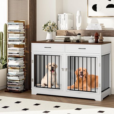 Dog Crate Furniture 47” Wooden Dog Kennels for Dogs Indoor with a Removable Divider for Large/Medium/Small Dogs, 2 Storage Drawers and Large Tabletop Dog... Large Dog Crate Furniture, Extra Large Dog Crate, Double Dog Crate, Wood Dog Crate, Crate End Tables, Cat Crate, Wooden Dog Kennels, Wooden Dog Crate, Dog Kennel Furniture