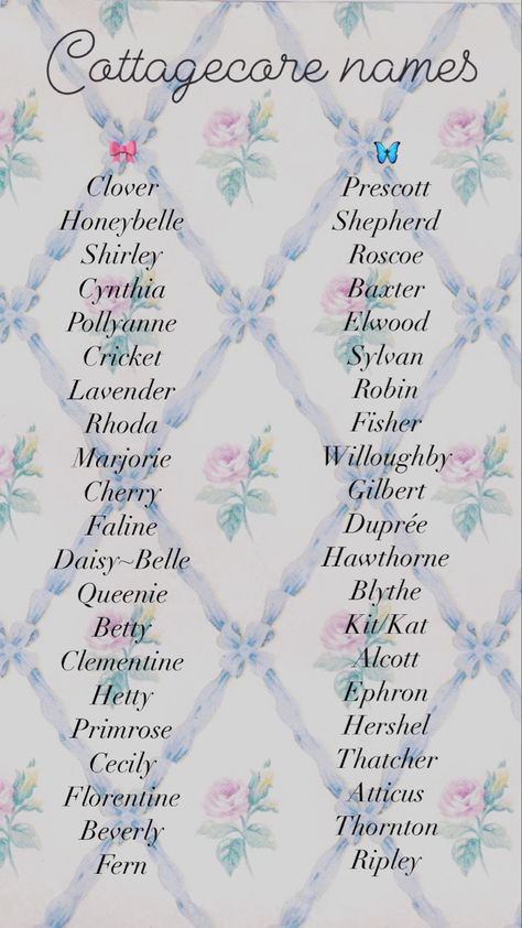 Aesthetic, cottagecore baby name list Cottage Core Alphabet, Flower Related Names, Whimsical Last Names, Names For Fairies, Cottage Core Names List, Cottagecore Pet Names, Mushroom Names Aesthetic, Cute Fairy Names, Aesthetic Town Names