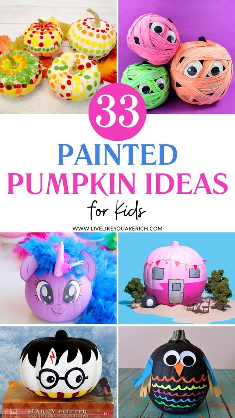 Here are 33 fun and easy painted pumpkin ideas for kids, including cute designs and Disney themes! Pumpkin Ideas For Kids, Painted Pumpkin Ideas, Painted Pumpkin, Cute Ideas, Pumpkin Ideas, Disney Theme, Deathly Hallows, Painted Pumpkins, A Pumpkin