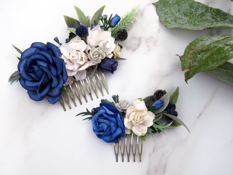 Navy Hair Accessories, Vintage Hair Pieces, Royal Blue Hair, Blue And White Roses, Navy Hair, Royal Blue Flowers, Blue Hair Accessories, Floral Hair Comb, Decorative Hair Combs