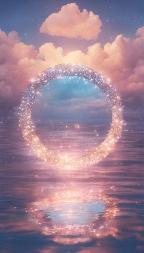 Dreamcore aesthetic art of a glittering glowing portal over a fantasy ocean and sky Portals Fantasy Art, Dreamy Art Aesthetic Wallpaper, Transcendence Aesthetic, 1010 Portal, Fantasy Portal Art, Magic Portal Aesthetic, Magic Portal Art, 1212 Portal, Enigma Wallpaper