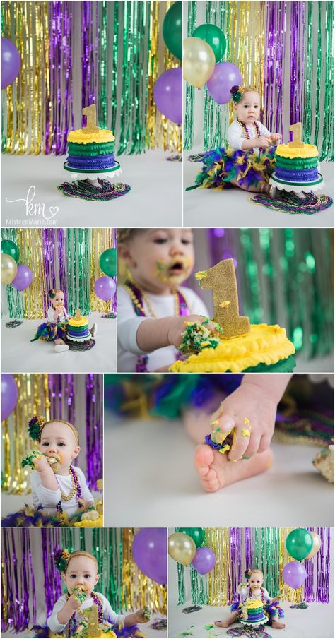 Photography for Mardi Gras 1st Birthday Cake for one-year-old Mardi Gras Baby Photo Shoot, Grass Cake, Mardi Gras Photos, Mardi Gras Cake, Bday Shoot, Themed 1st Birthday, Mardi Gras King Cake, Carmel Indiana, First Birthday Pictures