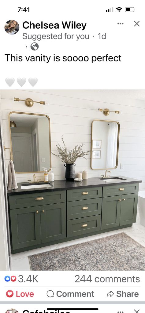 Gray Countertops Bathroom, Green Cabinets Bathroom, Organic Modern Bathroom, Green Bathroom Vanity, Painted Vanity Bathroom, Two Mirrors, Green Vanity, Painted Vanity, Grey Bathroom Vanity