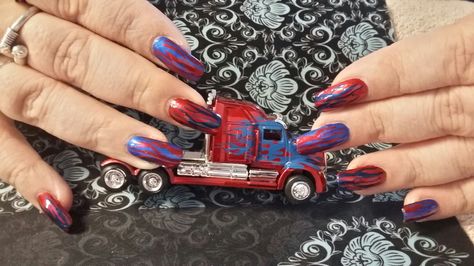 Optimus Prime inspired red and blue flames -nail art Optimus Prime Nails, Transformers Nail Art, Transformers Nails, Flame Nail Art, Pretty Fingers, Nail Blue, Nail Pictures, Popular Nail Designs, Blue Flames