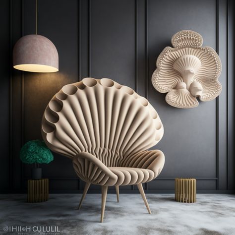 A designer chair part of a biophilic collection inspired by seashells. Collection is designed by Daleva Decor using AI Midjourney Chairs Inspired By Nature, Seashell Chair, Fish Museum, Biomorphic Design, Modern Restaurant Design, Designer Chair, Making Furniture, Classical House, Fantasy Furniture