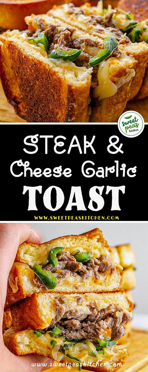 Texas Toast Steak Sandwich, Texas Toast Garlic Bread Grilled Cheese, Garlic Toast Sandwich, Garlic Bread Steak Sandwich, Steak And Cheese Garlic Toast, Hot Sandwich Recipes Dinners, Garlic Toast Recipe, Toasted Sandwich Recipes, Steak And Cheese