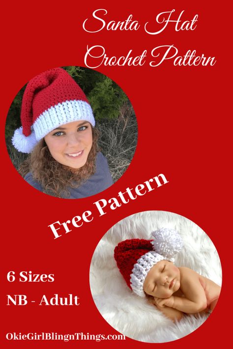 Santa Hat 6 sizes - Free Crochet Pattern - OkieGirlBling'n'Things Crochet Santa Hat Free Pattern, Crochet Santa Hat Pattern, Hat Printable, Baby Santa Hat, Santa Hat Pattern, Crochet Santa Hat, Crochet Christmas Hats, Crocheted Christmas, Crochet Baby Hat Patterns