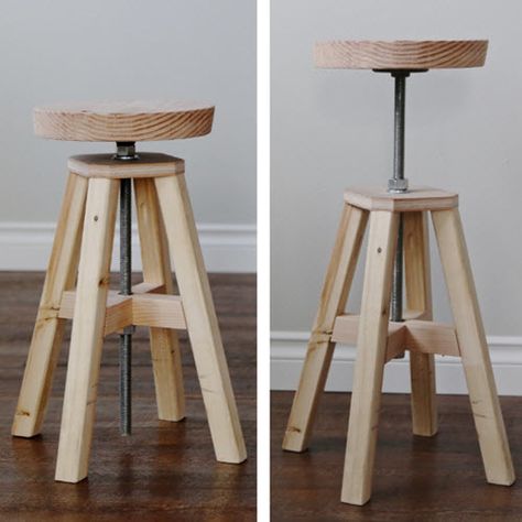 How To Build An Adjustable Height Wood And Metal Stool Workshop Stool Diy, Adjustable Height Chair, Diy Kitchen Stools, Diy Swivel Bar Stools, Diy Bar Chairs, Farmhouse Furniture Diy, Bar Chairs Diy, Workbench Stool, Stool Diy