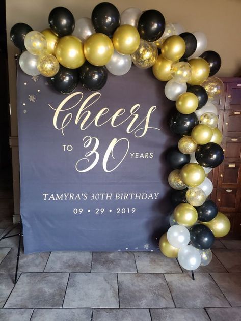 Gold Black Birthday, 50th Birthday Party Ideas For Men, Black Birthday Party, Cheers To 30 Years, 30th Birthday Themes, 30th Birthday Bash, Birthday Party Decorations For Adults, 30th Birthday Decorations, Outdoors Birthday Party