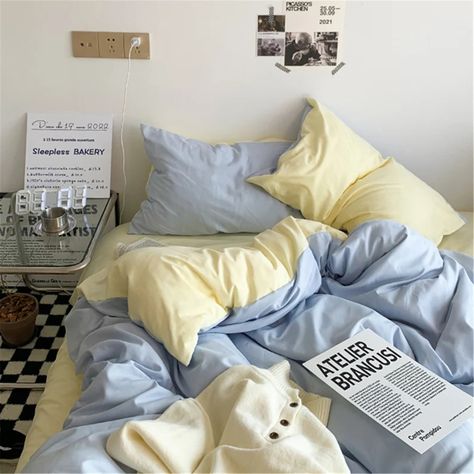 Pastel Bedsheets, Yellow Room, Dekorasi Kamar Tidur, Cozy Room Decor, Comfy Bed, Dream Room Inspiration, Blue Rooms, Room Makeover Bedroom, Cute Room Decor