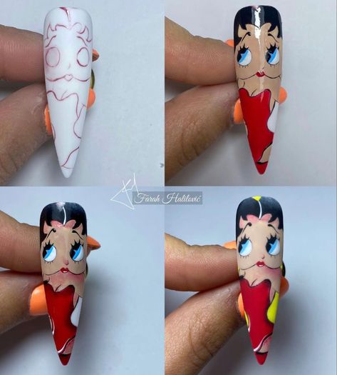 Betty Boop Nail Art Step By Step, Nails Cartoon Design, Betty Boop Nails Designs, Nail Art Illustration, Character Nail Art Step By Step, Betty Boop Nails, Printable Nail Art Practice Sheet, Character Nail Art, Cartoon Nail Designs