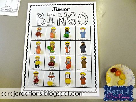 Catholic Saint Bingo - The Junior Version Ccd Activities, Catholic Kids Crafts, Catholic Kids Activities, Saints For Kids, Catholic Schools Week, Catholic Homeschool, Halloween Bingo, Catholic Education, Saints Days