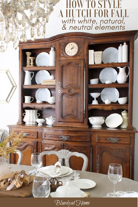 How To Style A Hutch, Modern Hutch, Hutch Styling, Southern Farmhouse, Fine Dinnerware, Hutch Decor, Autumn Ideas, White Dinner Plates, Metal Garden Art