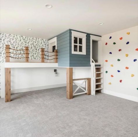 Built In Fort Playroom, Indoor Treehouse Loft, Playroom Building Ideas, High Ceiling Playroom, Playroom Slide Ideas, Playroom With Playhouse, Playroom Fort Ideas, Basement Playhouse With Slide, Playhouse In Playroom