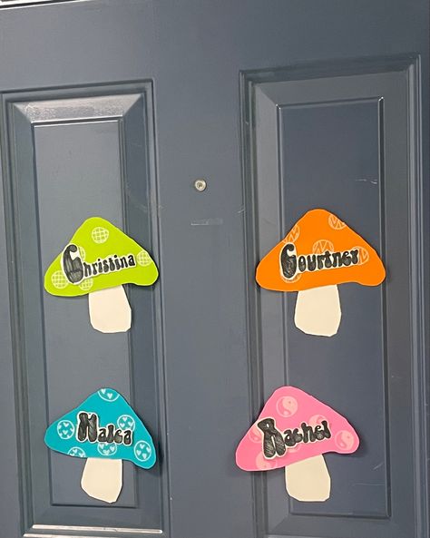 I know that mushrooms are in right now so i thought it was a perfect way to decorate doors this semester! Butterfly Door Decs, Mushroom Door Decs, Groovy Mushroom, Ra Door Decs, Ra Boards, Fairytale Decor, Door Decs, Door Tags, Ra Ideas