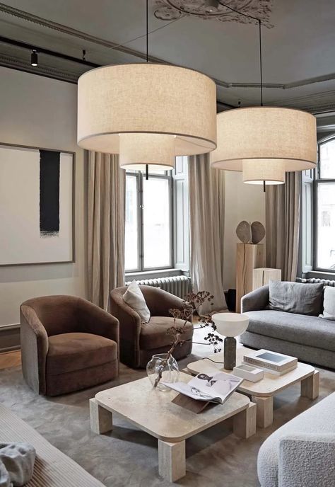 Scandinavian Living Room Grey Walls, Living Room Beige And Brown, Light Grey And Beige Living Room, Beige And Brown Living Room, Cream And Brown Living Room, Cream And Beige Living Room, Fabric Pendant Light, Rooms Decoration, Rome Apartment