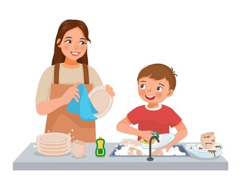 Cute little boy helping mother washing dishes in the kitchen doing housework chores at home Cleaning Drawing, Kitchen Clipart, Mom Drawing, Health Book, Kitchen Drawing, Moms Cooking, Kids Cleaning, Wallpaper Flowers, Cute Animal Clipart