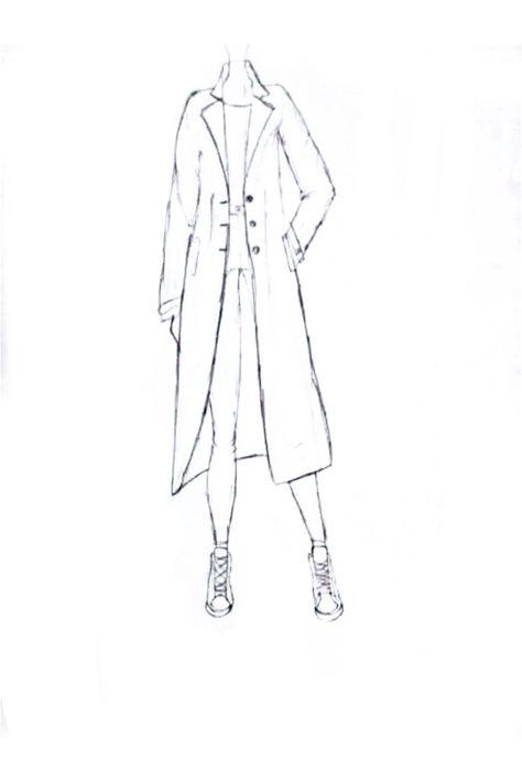 How To Draw Coats Jackets, Trench Coat Art Reference, How To Draw A Trench Coat, Coat Sketch Fashion Drawings, Trench Coat Sketch, Long Coat Drawing Reference, Coat Drawing Sketches, Coat Reference Drawing, Trench Coat Drawing Reference