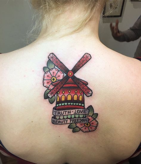 Moulin Rouge Tattoo, Windmill Tattoo, Tattoos 2024, Paris Tattoo, Tattoo Old School, Body Modification, Tat Ideas, Body Modifications, Old School Tattoo