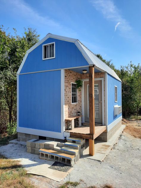 Tiny House Shed Conversion, Blue Tiny House, Shed To Tiny House Conversion, Tiny House Exterior Ideas, Shed To House Conversion, Shed To House, Shed Conversion Ideas, House Exterior Ideas, Tiny House Village