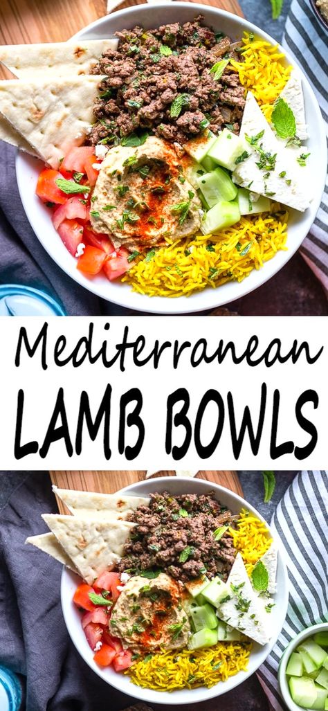 Meditterean Lamb Recipes, Ground Lamb Greek Bowl, Greek Lamb And Rice Recipes, Mediterranean Recipes With Lamb, Ground Lamb Recipes Healthy, Ground Lamb Bowl Recipes, Ground Lamb Dinner Recipes, Lamb Meatball Bowl, Mediterranean Diet Lamb Recipes