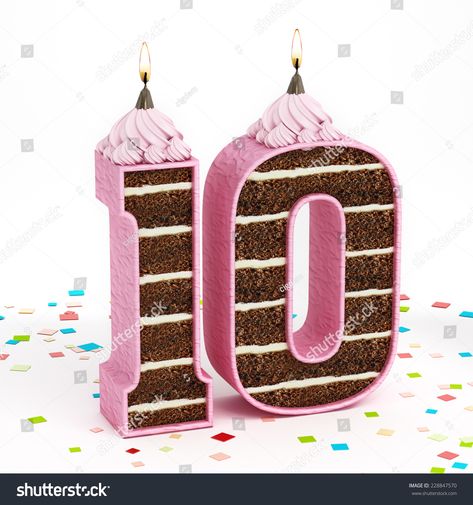 Number 10 shaped chocolate birthday cake with lit candle. Frozen Themed Birthday Cake, Ben 10 Birthday, Red Birthday Cakes, Chocolate Birthday Cake, 10 Birthday Cake, Cake Stock, Frosting Colors, Birthday Cake With Photo, Rainbow Birthday Cake