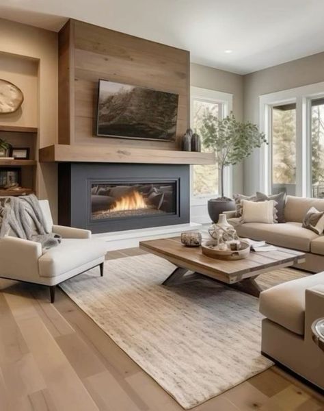 Extra Wide Fireplace, 8 Ft Fireplace, Slat Wall Fireplace Ideas, Basement Fireplace Tv Wall, Fireplace With Tv Decor Ideas, Fire Places Ideas Living Room With Tv, Modern Farmhouse Fireplace With Tv, Flat Wall Fireplace Ideas, Small Tv Room Design