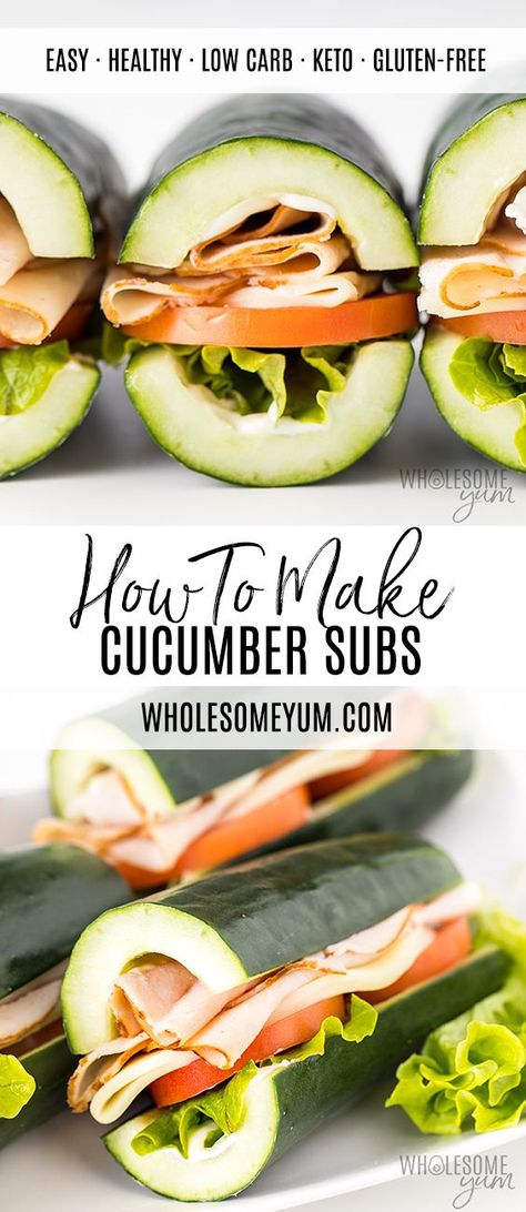 Cucumber Subs Recipe: How To Make Cucumber Sandwiches! - How to make cucumber sandwiches without bread! This cucumber subs recipe is quick, simple, and easy to customize. Like a turkey sandwich without the carbs! #keto #lowcarb #lunch #wholesomeyum Sandwiches Without Bread, Cucumber Subs, Diet Lunch, Subway Sandwich, Cucumber Diet, Keto Diet Snacks, Turkey Sandwich, Deli Sandwiches, Keto Lunch Ideas