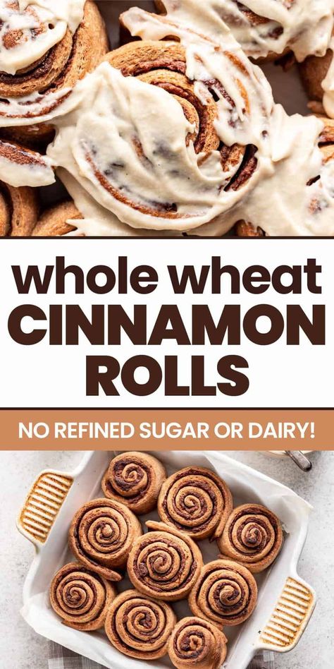 These soft and gooey Whole Wheat Cinnamon Rolls are packed with nutritious ingredients, yet will satisfy any cinnamon roll craving. It's the perfect homemade breakfast recipe for holidays, birthdays, and celebrating the weekend. Whole Wheat Flour Cinnamon Rolls, Vital Wheat Gluten Recipes, Whole Wheat Cinnamon Rolls, Wheat Cinnamon Rolls, Homemade Breakfast Recipes, Rolls From Scratch, Healthy Cinnamon Rolls, Cinnamon Rolls From Scratch, Cinnamon Bun Recipe