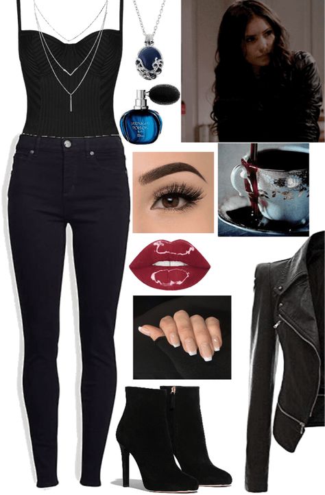 Kathrine Perice Outfits Halloween, All Black Vampire Outfit, Katherine Vampire Diaries Outfits, Katherine Pierce Fashion, Tvd Clothes Inspired Outfits, Tvdu Inspired Outfits, Katherine Pierce Halloween Costume Ideas, Vampire Costume Women Outfit, Catherine Pierce Outfits