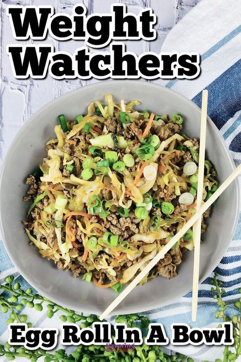 This weight watchers egg roll in a bowl recipe is a one skillet low carb, high-protein recipe with all the delicious flavors of your favorite inside-out egg roll without the deep-fried calories and fat. https://www.savoringthegood.com/ww-egg-roll-in-a-bowl-recipe/ Egg Roll In A Bowl Lean And Green, Weight Watchers Eggroll In A Bowl Recipe, Enroll In A Bowl Recipe, Egg Roll In A Bowl Weight Watchers, Low Calorie Egg Roll In A Bowl, Weight Watchers Egg Roll In A Bowl, High Protein Recipe, Chicken Egg Rolls, Eggroll In A Bowl