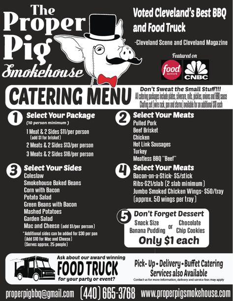 Catering — The Proper Pig Smokehouse Bbq Catering Menu Ideas, Pig Roast Menu, Tailgate Bbq, Bbq Trailer, Bbq Wedding Reception, Menu Design Inspiration, Bbq Pig, Food Truck Menu, Food Truck Catering