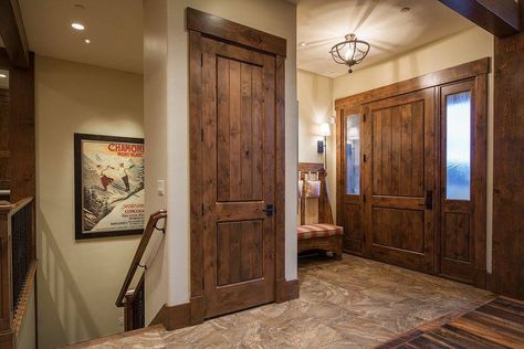 Barndominium Single Front Door, Round Room, Rustic Doors Interior, Mountain Home Interiors, House Transformation, Rustic Wood Doors, Reclaimed Wood Floors, Timber Homes, Stained Doors