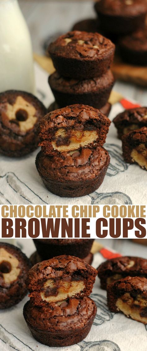 These Chocolate Chip Cookie Brownie Cups combine the best of two dessert recipe classics to create one unforgettable dessert. Cookie Brownie Cupcakes, Brookie Cups, Brownie Cookie Cups, Chocolate Chip Cookie Brownies, Sweet Cup, Chocolate Chip Cookie Cups, Cookie Brownie, Cookie Dough Cake, Brownie Cups