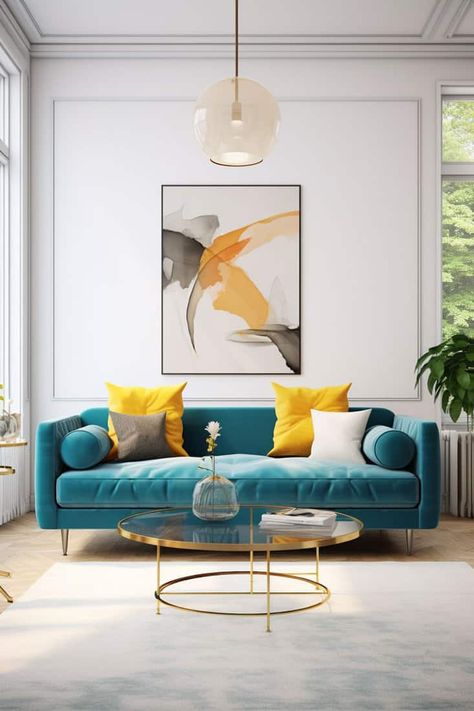 Living Room: Vibrant Teal Sofa Teal Walls Living Room, Teal Blue Living Room, Blue Sofa Design, Teal Couch Living Room, Teal Sofa Living Room, Teal Couch, Teal Living Room Decor, Teal Living Rooms, Feature Wall Living Room