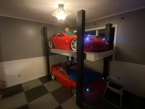 Super easy build. Purchased the corvette beds off the market place for $50. Mechanic Bedroom Ideas, Car Bed Bunk Bed, Kids Room With Car Bed, Boys Room With Race Car Bed, Kids Car Beds For Boys, Car Bed Frame Boy Rooms, Cars Room, Easy Build, Diy Furniture Renovation