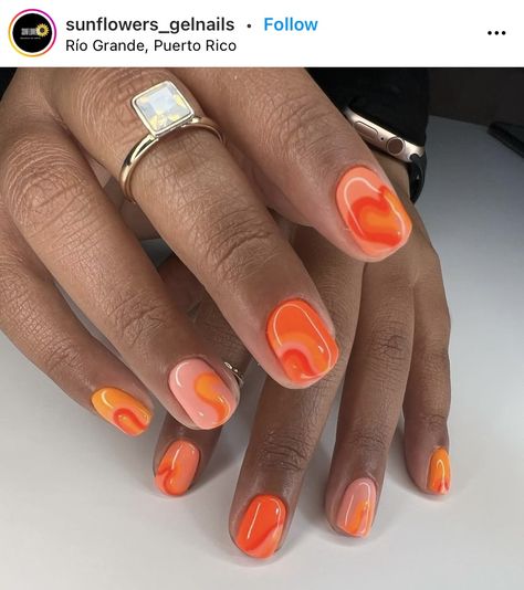 Orange Biab Nail Designs, Short Bright Orange Nails, Yellow Red Nails, Orange Short Nail Designs, Short Nail Designs Orange, Thumb Nail Design, Orange Manicure, Colorful Square Nails, Biab Nails Short