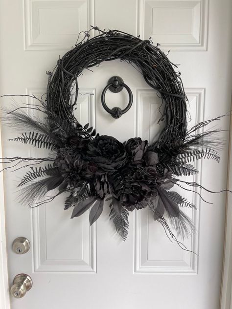 Excited to share this item from my #etsy shop: Black dahlia, black roses, black peonies, black fern leaves, black pampas grass, and velvet balls on black grapevine wreath Black Peonies, Black Pampas, Black Dahlias, Dahlia Black, Black Christmas Decorations, Spooky Wreath, Black Peony, Black Wreath, Build House