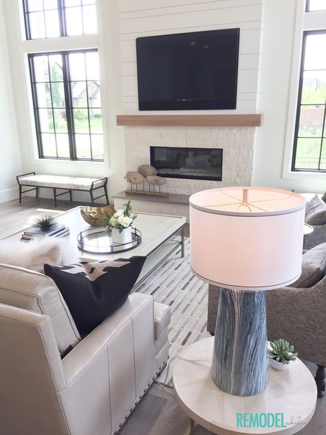 Get This Look: Modern Farmhouse Living Room Fireplace With Side Windows, Modern Farmhouse Linear Fireplace, Windows Next To Tv Living Rooms, Modern Fireplace With Windows On Each Side, Linear Fireplace Between Two Windows, Tv Over Fireplace Low, Tv With Windows On Both Sides, Linear Fireplace With Tv Above Farmhouse, Family Room Design With Fireplace And Tv