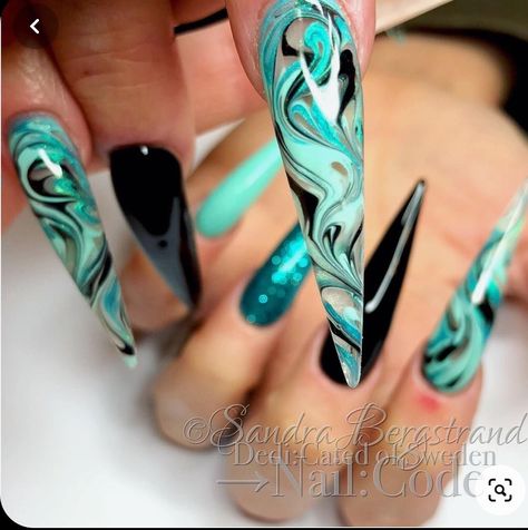 Foil Acrylic Nails, Teal Nails, Stiletto Nails Designs, Cute Acrylic Nail Designs, Her Nails, Exotic Nails, Nail Swag, Black Nail, The Marble