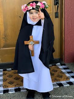 Shower of Roses: Celebrating the Saints :: Our 2020 Costumes St Therese Of Lisieux Costume, St Rose Of Lima Costume, Saint Rose Of Lima Costume, Diy Saint Costume For Kids, Catholic Saint Costumes, Saint Costumes For Kids Catholic, Saint Rose Of Lima, Mary Costume, St Maximilian Kolbe