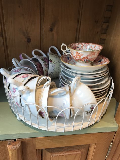 Teacup storage Teacup Display Ideas Diy, Teacup Storage Ideas, Tea Cup Storage Display, Diy Teacup Display, Tea Set Storage Ideas, Tea Cup Storage Ideas, Tea Cup Collection Display, Displaying Tea Cups And Saucers, Tea Cup Organization