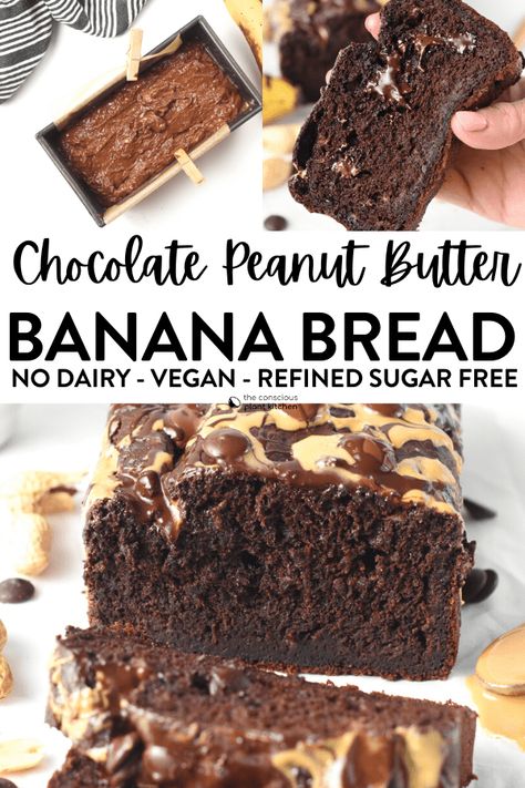 Chocolate Peanut Butter Banana Bread, Conscious Plant Kitchen, Ella Vegan, Banana Bread Vegan, Butter Banana Bread, Peanut Butter Banana Bread, Peanut Butter Bread, Flours Banana Bread, Vegan Banana Bread