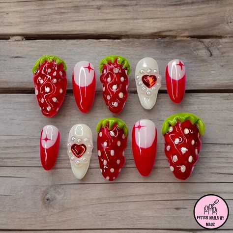 3d Strawberry Nails, Strawberry Nails Acrylic, Nail Art Strawberry, Strawberry Shortcake Nails, Summer Nails Red, Press On Nail Art, Food Nail Art, Strawberry Nail Art, Fruity Design